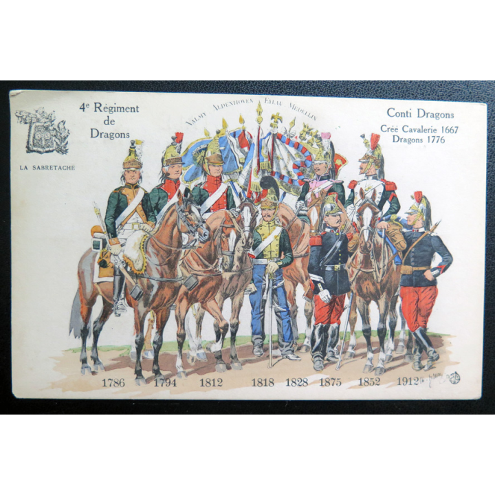 4° RD : carte postale des uniformes du 4° Rgt de Dragons de 1786 à 1912 Conti Dragons