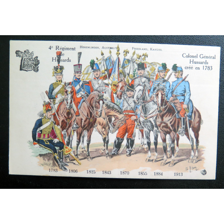 4° RH : carte postale des uniformes du 4° RH de 1783 à 1913 Colonel général Hussards