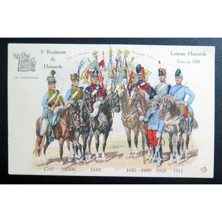 5° RH : carte postale des uniformes du 5° RH de 1793 à 1911 Lauzun Hussards