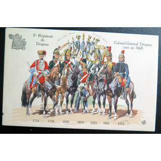 5° RD : carte postale des uniformes du 5° Rgt de Dragons de 1724 à 1912 Colonel général Dragons