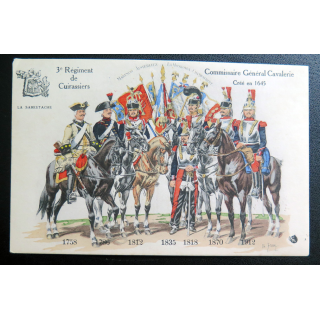 3° RC : carte postale des uniformes du 3° Rgt de Cuirassiers de 1758 à 1912 Commissaire Général Cavalerie
