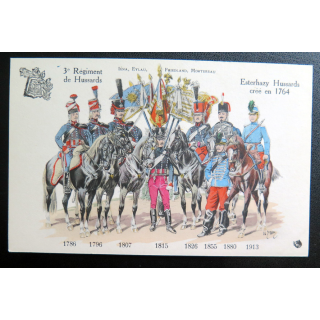 3° RH : carte postale des uniformes du 3° Rgt de Hussards de 1786 à 1913 Esterhazy Hussards