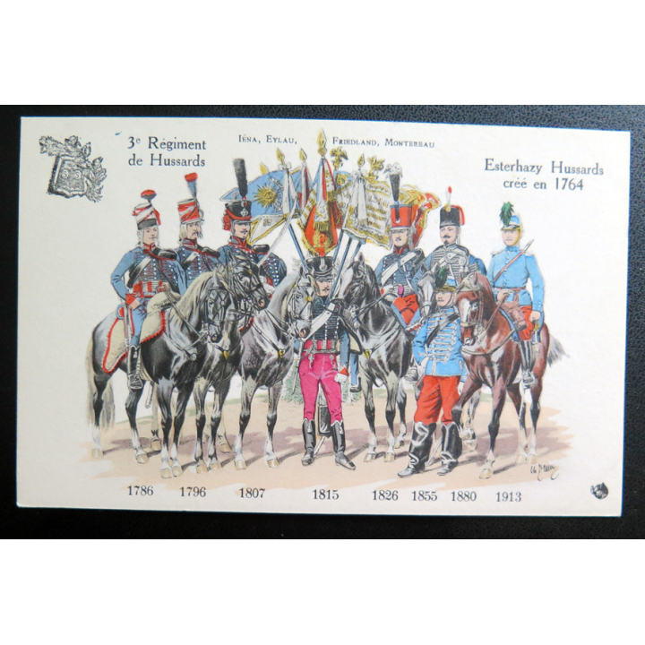 3° RH : carte postale des uniformes du 3° Rgt de Hussards de 1786 à 1913 Esterhazy Hussards