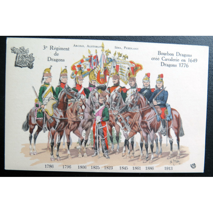 3° RD : carte postale des uniformes du 3° Rgt de Dragons de 1786 à 1913 Bourbon Dragons