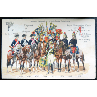 25° RD : carte postale des uniformes du 25° Rgt de Dragons de 1762 à 1914 Royal Bourgogne Cavalerie