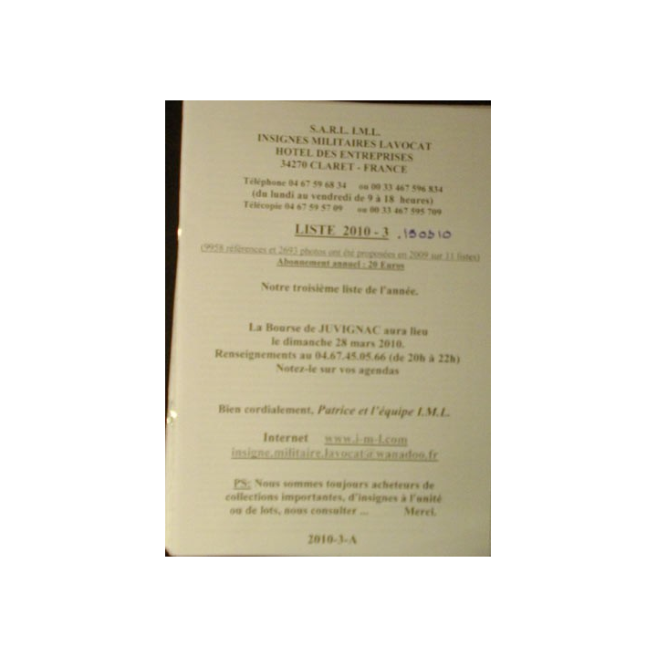 Liste 2010 - 03 d'insignes militaires illustrés en couleur SARL IML