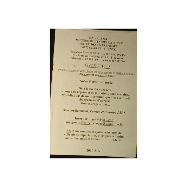 Liste 2010 - 08 d'insignes militaires illustrés en couleur SARL IML