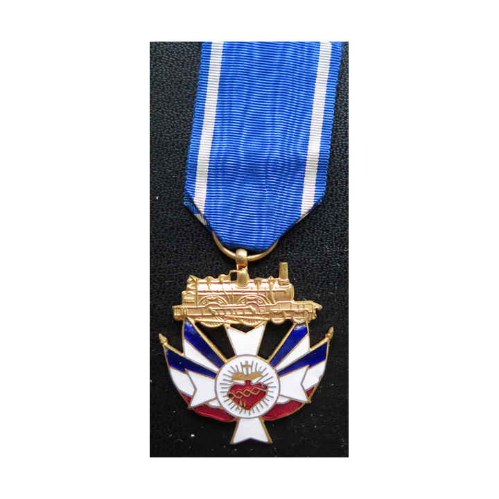 FRANCE : Médaille de l'association des cheminots Chrétiens en émail ruban bleu bandes argent