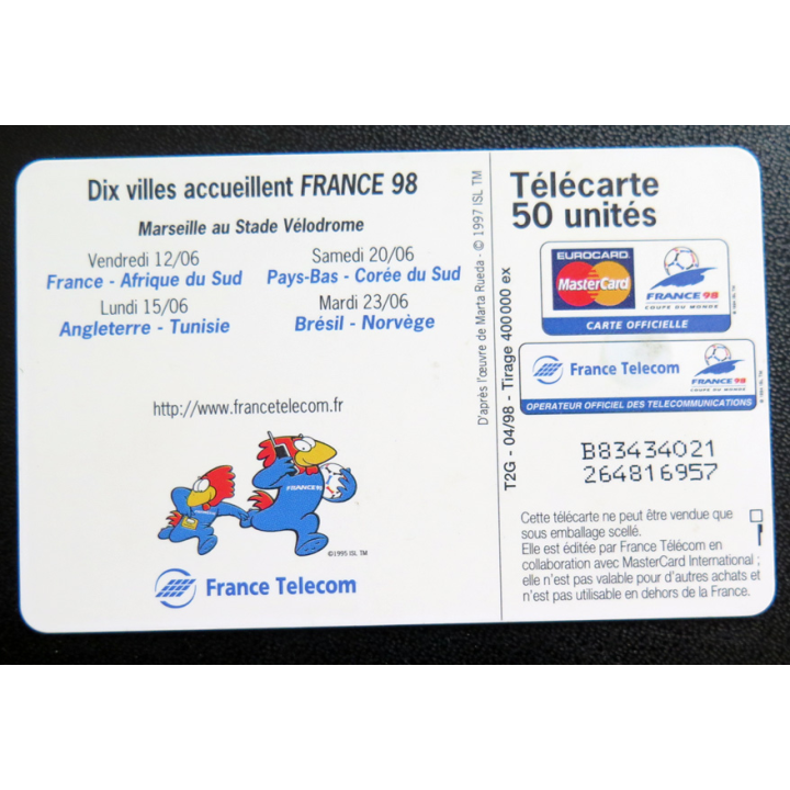 Carte téléphonique Télécarte 50 coupe du Monde France 98 Marseille