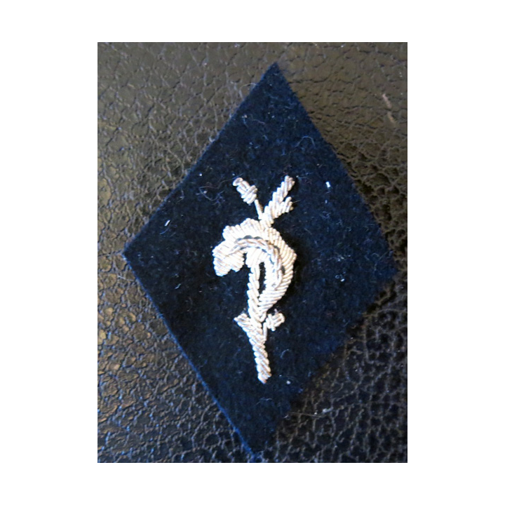 LOSANGE DE BRAS MODÈLE 45 : écusson du trésor aux armées motif canetille argent fond noir en feutre.