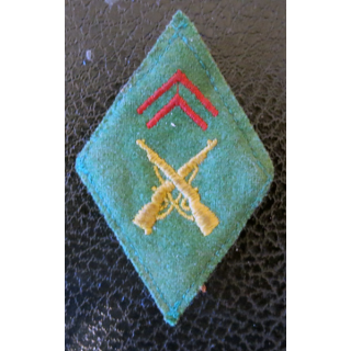 LOSANGE DE BRAS MODÈLE 45 :  écusson armurier fond en feutre vert soutaches écarlates 2 fusils croisés laine jonquille train ?