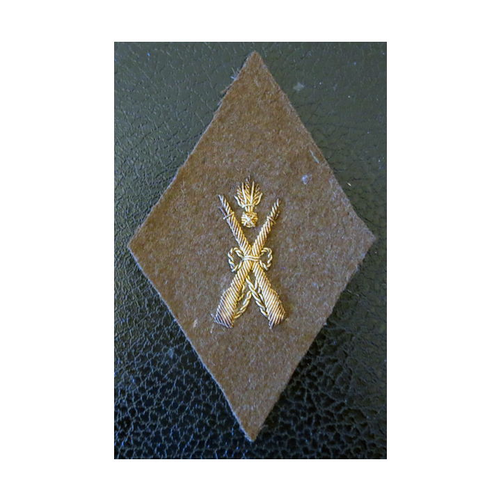 LOSANGE DE BRAS MODÈLE 45 :  écusson de sous officier armurier fond en feutre kaki grenade et 2 fusils croisés en canetille or