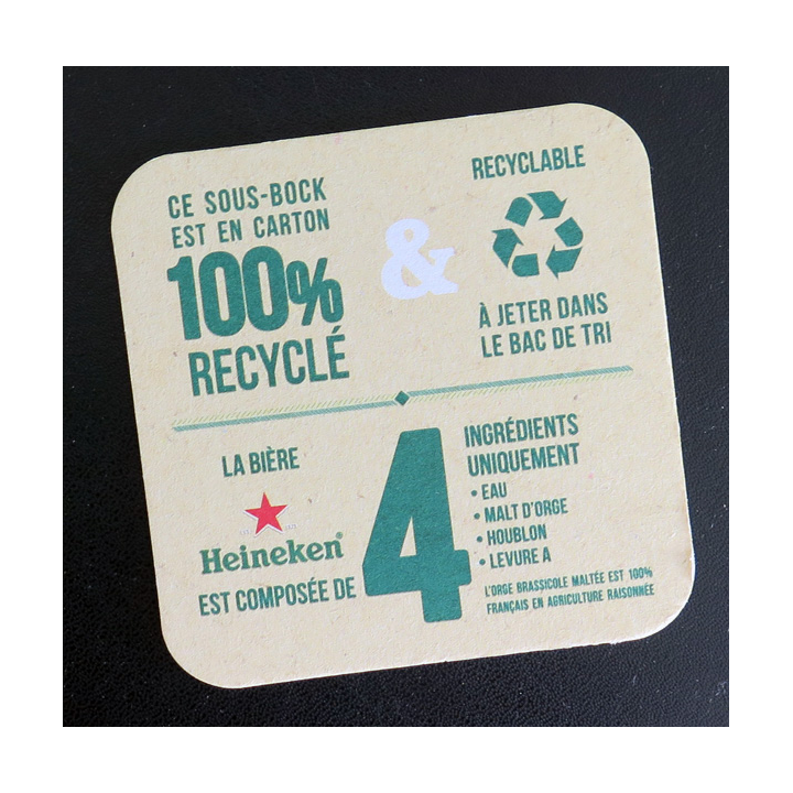 DESSOUS DE VERRE A BIERE : Heineken  9 cm de côté
