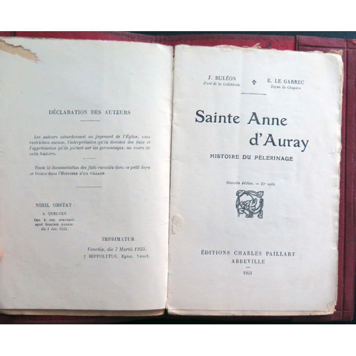 Sainte anne d auray 1933 histoire du pelerinage de 1625 a 1933 (édition 1933) avec reliure cuir