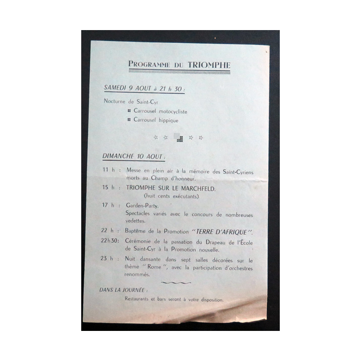 Programme du triomphe de Saint Cyr 10 Août 1958