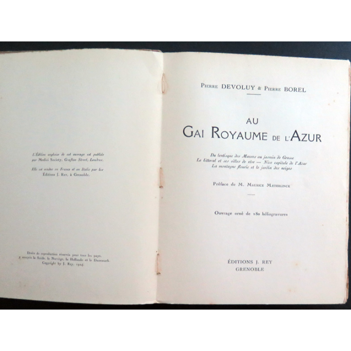 Au gai royaume de l'Azur par P. Devoluy et P. Borel 1924 Tranche abimée et déchirée