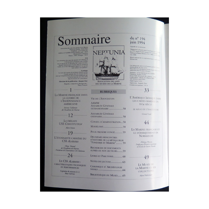 Revue Neptunia n° 194 Association des amis du musée de la Marine juin 1994