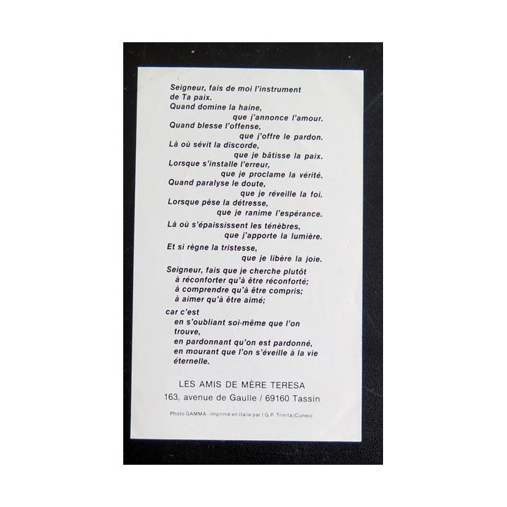 IMAGE PIEUSE : les amis de Mère Thérésa 8 x 13 cm avec prière
