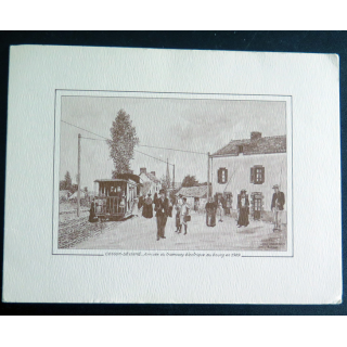 Double carte de Cesson Sévigné Arrivée du Tramway électrique au bourg en 1909 16,7 x 12,7 cm