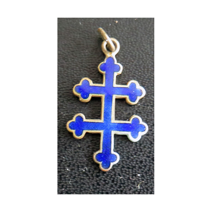 CROIX DE LORRAINE : insigne de la croix de Lorraine tréfilée de la Libération 1945 en émail bleu