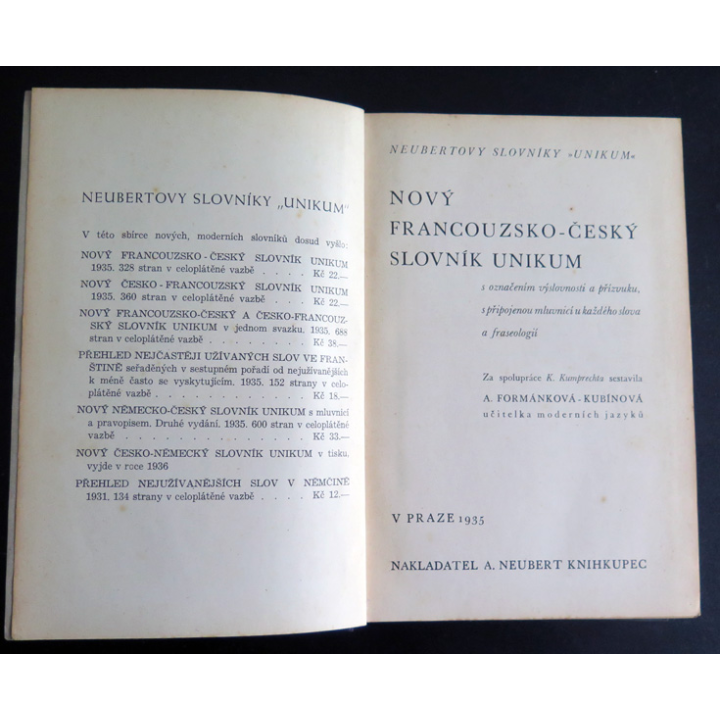 Dictionnaire franco tchèque Sestavila a zpracovala 1935