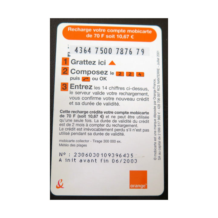 Carte téléphonique Mobicarte 70 Meteo France