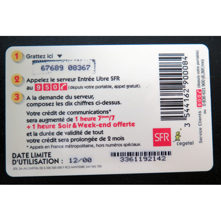 Carte téléphonique La Recharge SFR 1 heure 7/7 + 1 heure offerte