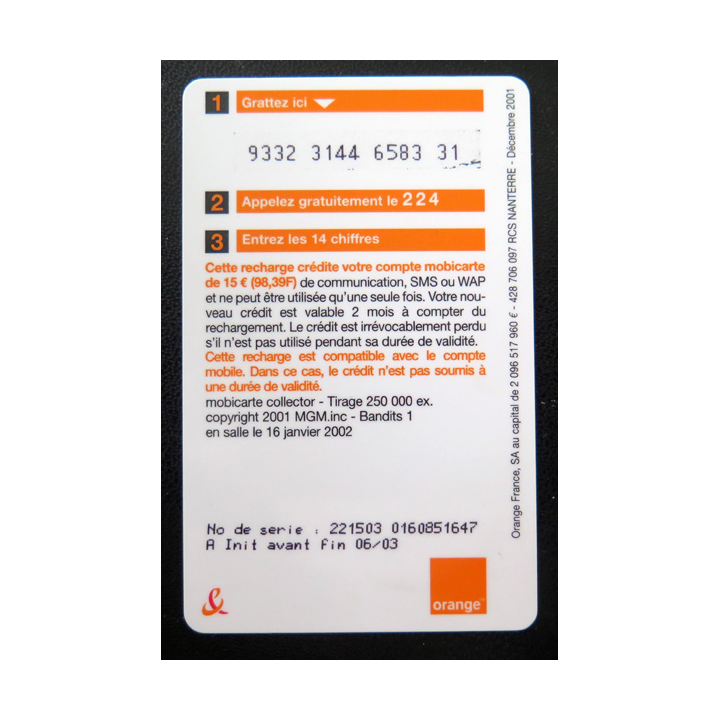 Carte téléphonique Mobicarte 15 € Bandits