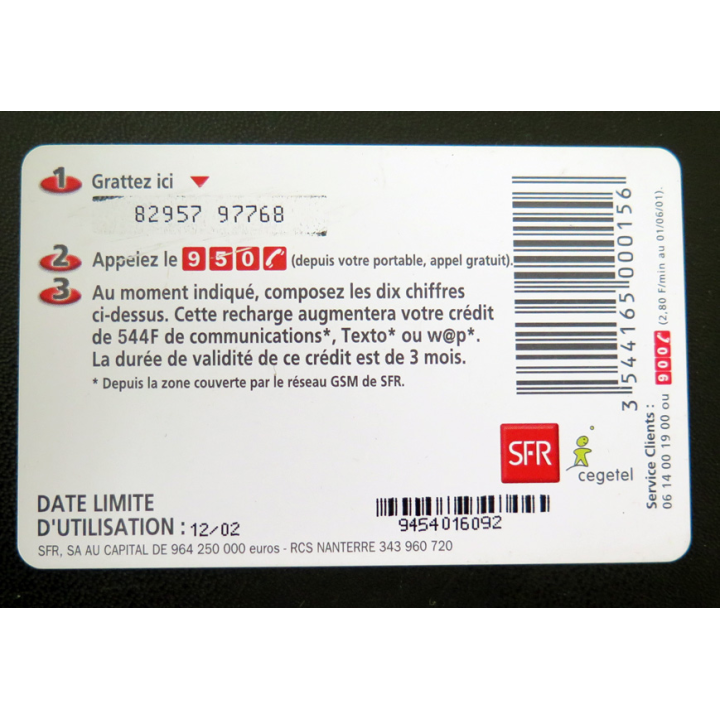 Carte téléphonique La Carte SFR 60 € 394 F + 150 F de communications gratuites