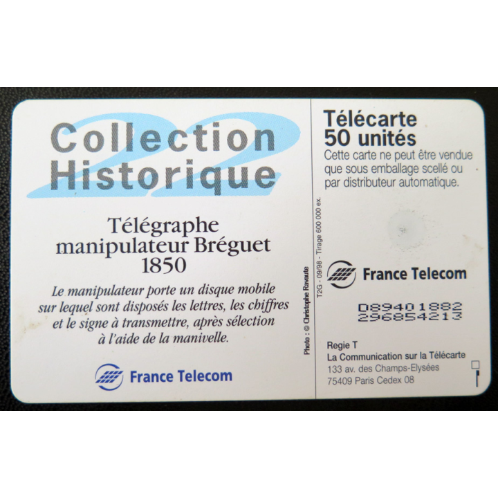 Carte téléphonique Télécarte 50 télégraphe manipulateur Bréguet 1850