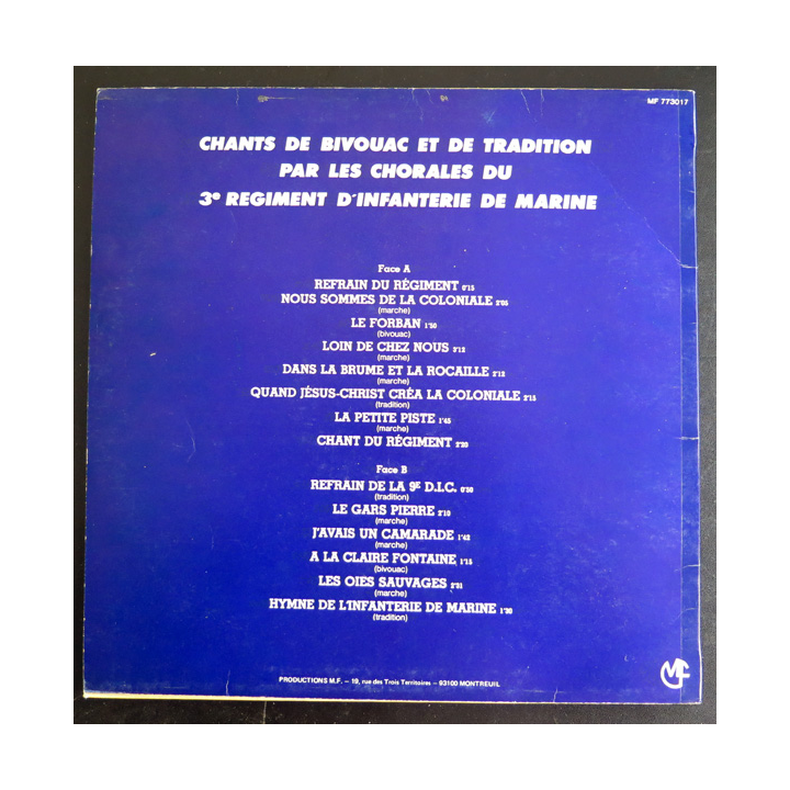 3° RIMA : Disque 33 t - Bivouac et Traditions Vinyl réalisé par la Chorale du 3° RIMA
