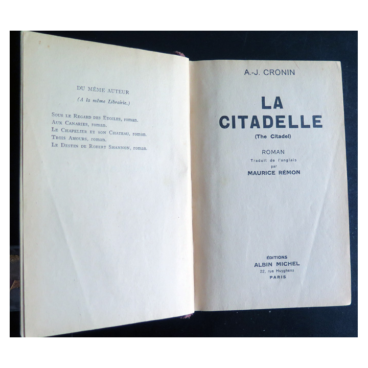 La Citadelle de A-J Cronin Albin Michel 1938 relié toile et carton Bibliothèque du RCCC