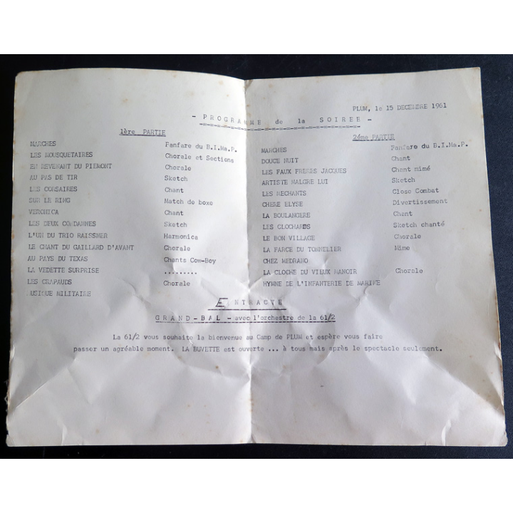 Programme de la soirée du 15 décembre 1961 à Plum Nouvelle Calédonie avec la 61-2