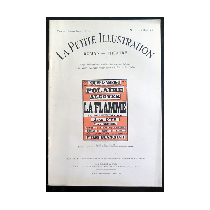 La petite Illustration - Roman Théâtre - n° 87 du 4  Mars 1922