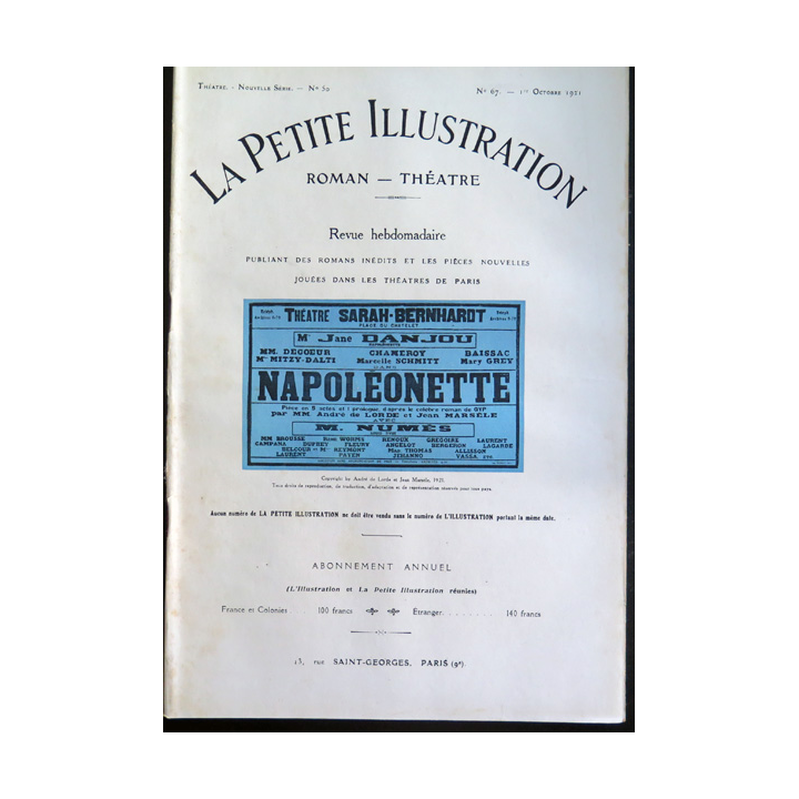 La petite Illustration - Roman Théâtre - n° 67 du 1° Octobre 1921