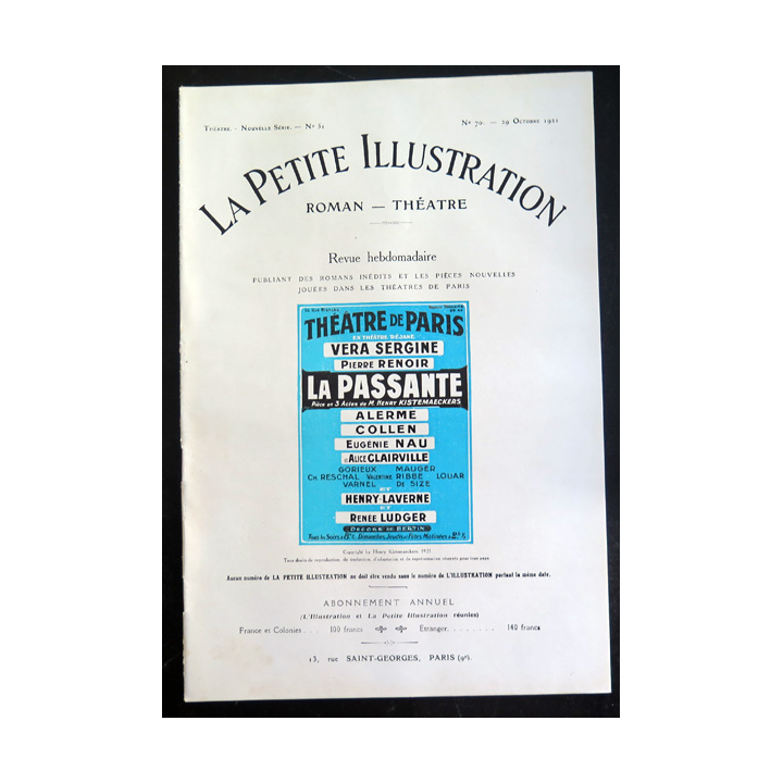 La petite Illustration - Roman Théâtre - n° 70 du 29 Octobre 1921