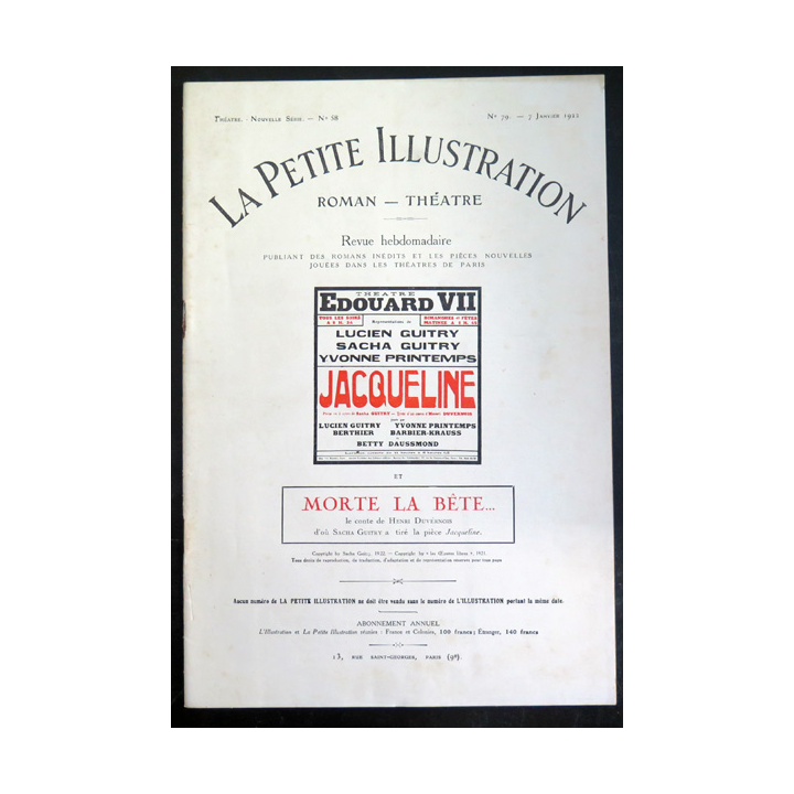 La petite Illustration - Roman Théâtre - n° 79 du 7 Janvier 1922