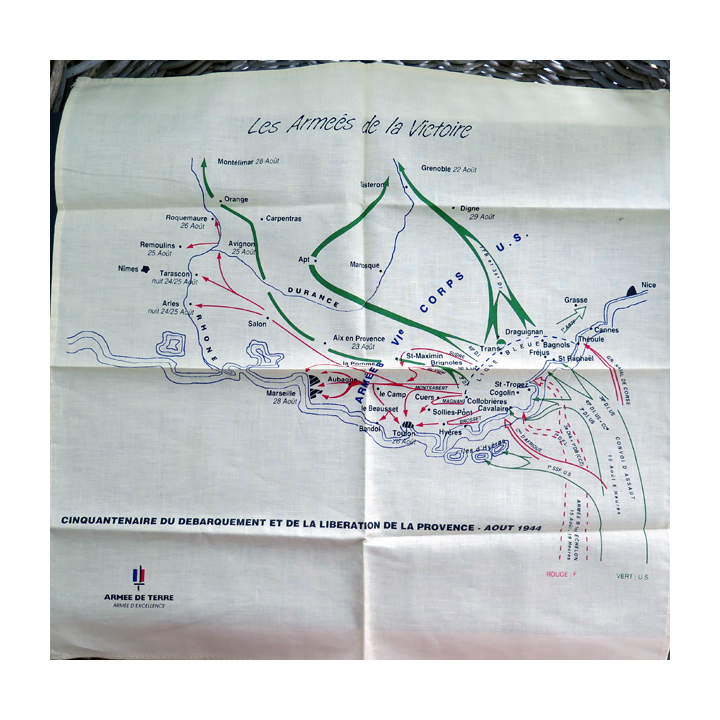 Foulard de l'armée de terre cinquantenaire du débarquement et de la libération de la Provence Août 1944 47 x 47 cm