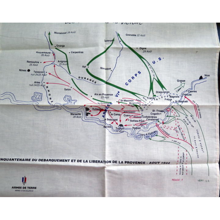 Foulard de l'armée de terre cinquantenaire du débarquement et de la libération de la Provence Août 1944 47 x 47 cm