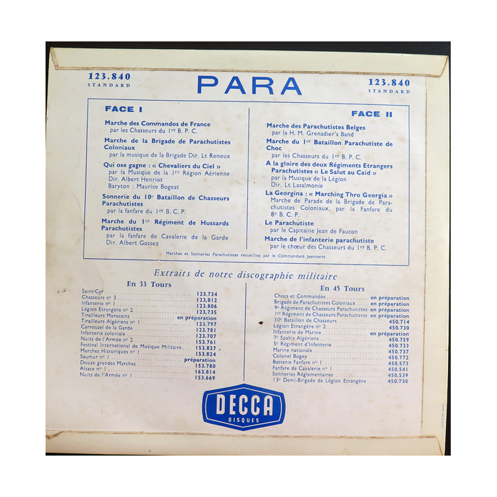 PARA 1 : Disque 33 t petit format marches des commandos et des parachutiste