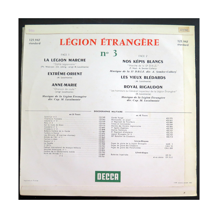 LEGION ETRANGERE 3 : Disque 33 t petit format marches et chants de la Légion étrangère
