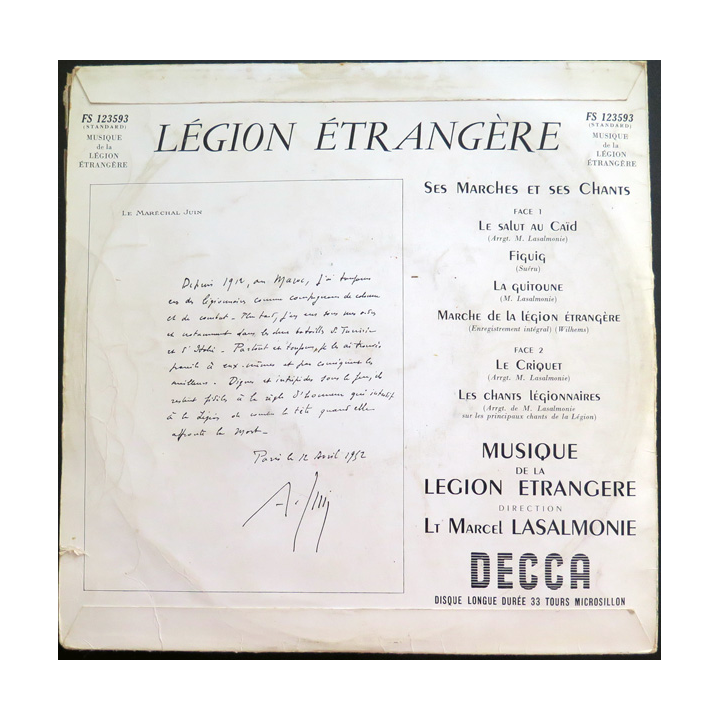 LEGION ETRANGERE : Disque 33 t petit format marches et chants de la Légion étrangère