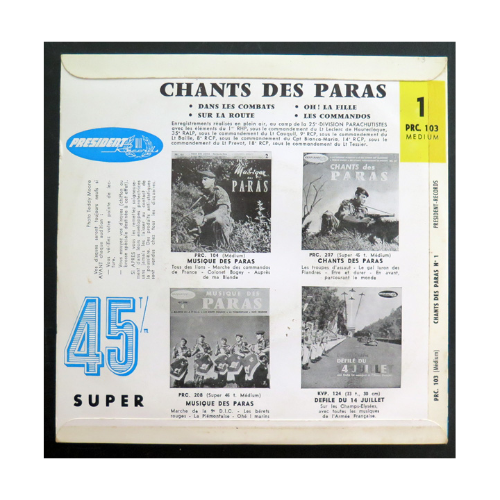Disque 45 t chants des Paras, dans les combats, sur la route, oh! la fille, les commandos