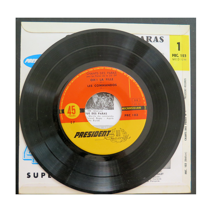 Disque 45 t chants des Paras, dans les combats, sur la route, oh! la fille, les commandos