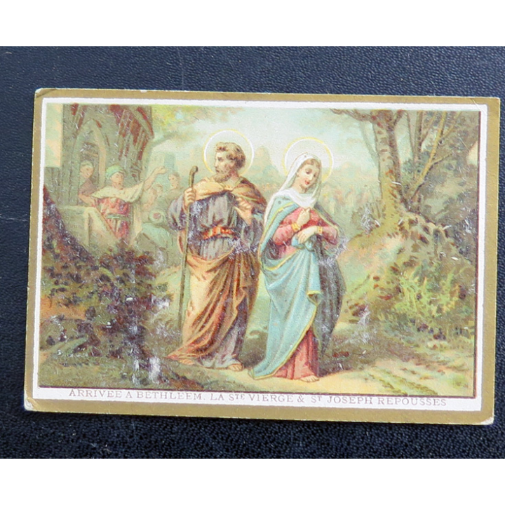 IMAGE PIEUSE : Arrivée à Bethléem la Ste Vierge et St Joseph repoussés 9 x 6,2 cm