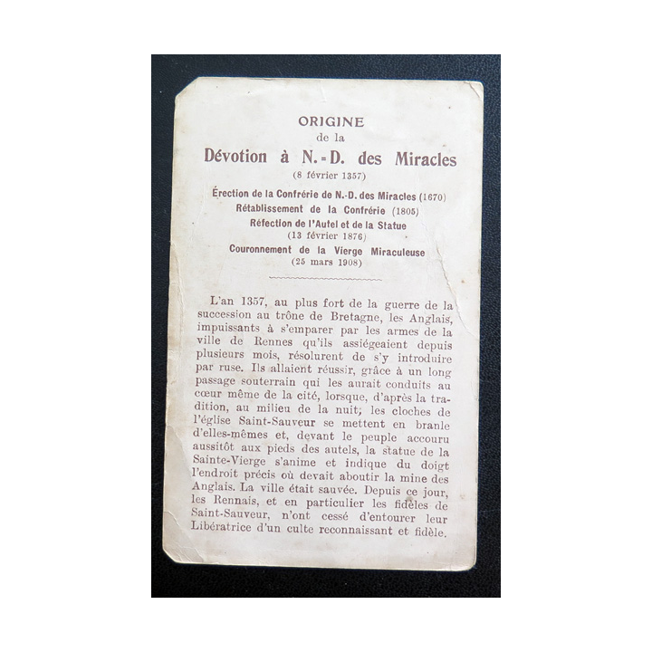 IMAGE PIEUSE : carte de Notre Dame des Miracles et Vertus 7 x 11 cm