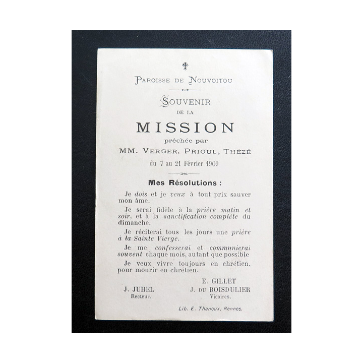 IMAGE PIEUSE : Souvenir de la Mission prêchée 1909 7 x 11 cm