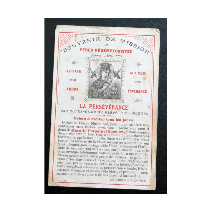 IMAGE PIEUSE : Souvenir de Mission des Pères rédemptoristes rennes Avril 1887 7,8 x 11,8 cm