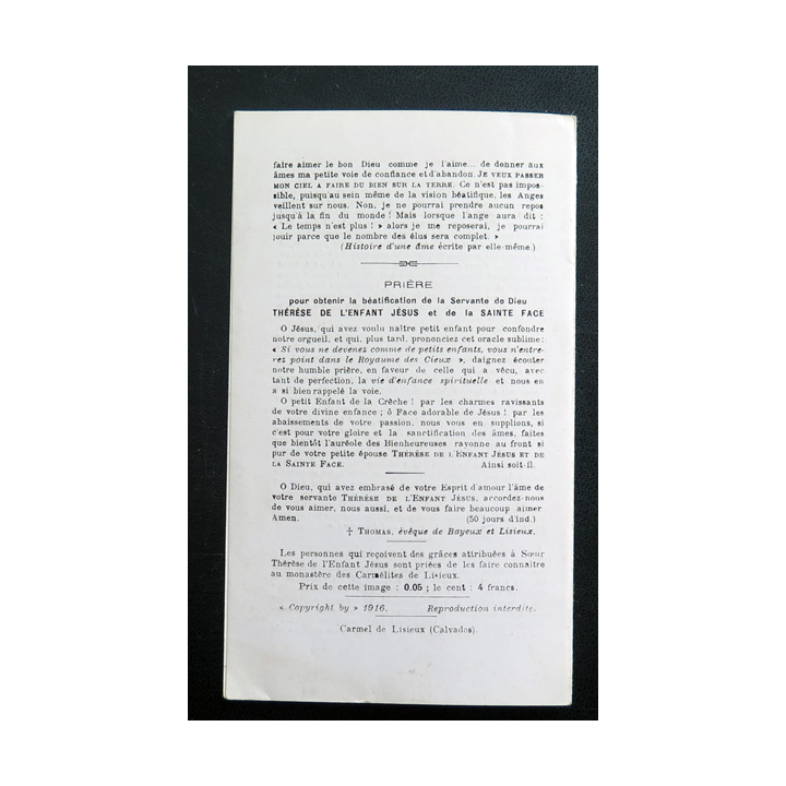 IMAGE PIEUSE : la Servante de Dieu Thérèse de l'Enfant Jésus 1916 7,5 x 12,8 cm
