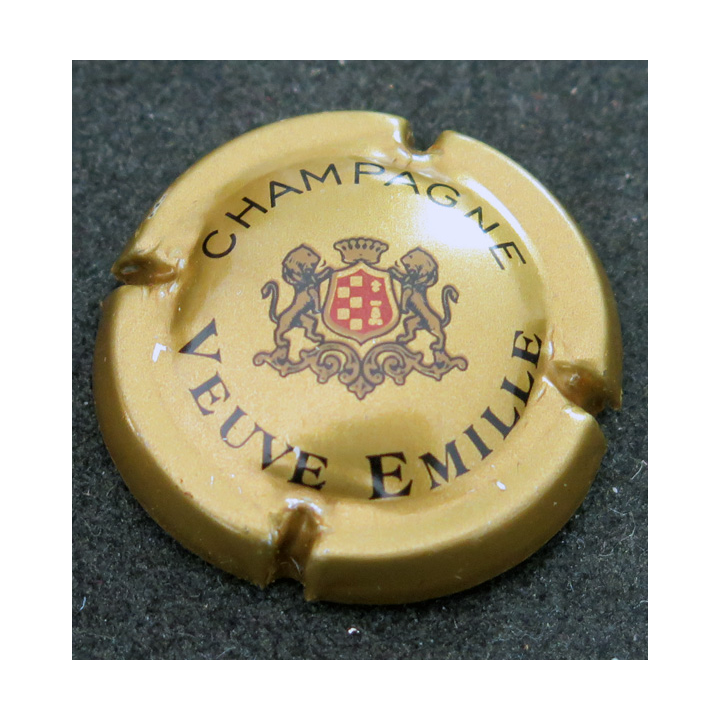 Capsule Muselet de bouteille de champagne EMILLE Veuve n° 6 Or foncé, écusson rouge, barre courte